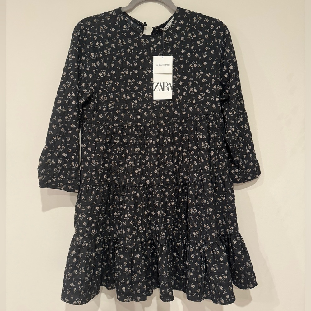 NWT Zara quarter sleeve black and white floral a-line babydoll dress